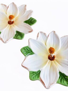 White Lotus Flower Ceramic Plates 9" Hand Painted Plate Floral Dish Lotus Decor